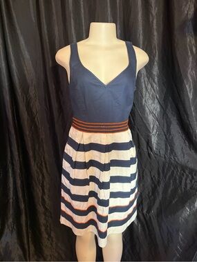 Navy, Orange and White Striped Sundress with Orange Beaded Accents